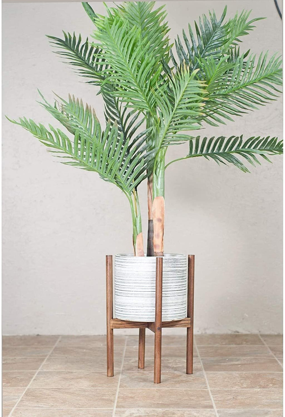 Large Ceramic Pot 10" Gray Wood Stand Dark Walnut Brown Grey Mid Century Modern Round Handmade - Diamond Home USA