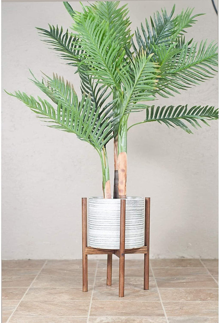 Large Ceramic Pot 10" Gray Wood Stand Dark Walnut Brown Grey Mid Century Modern Round Handmade - Diamond Home USA