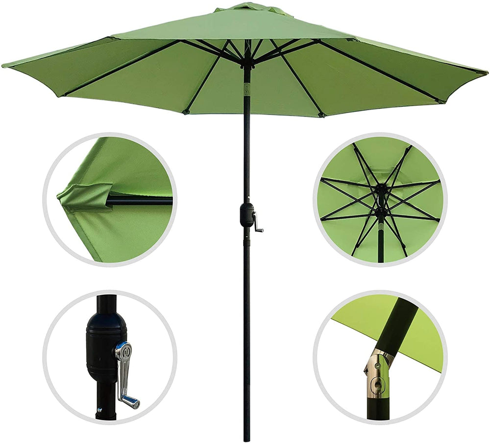 9' Patio Umbrella Outdoor Table 8 Sturdy Ribs (Green) Black Green Nature Beach Market Metal Polyester Crank Lift Uv Resistant