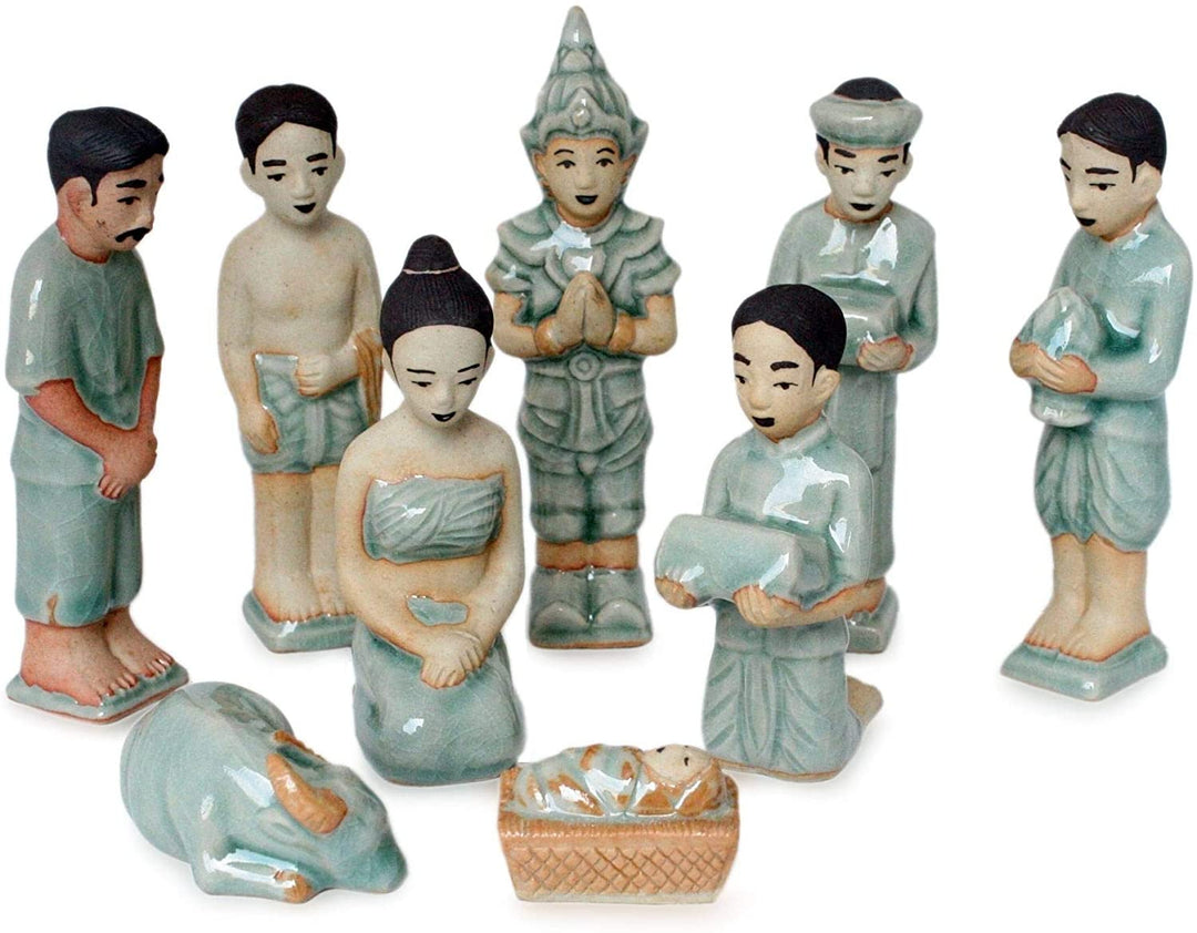 NA Handmade Religious Ceramic Nativity Scene Set 9 (Thailand) Green