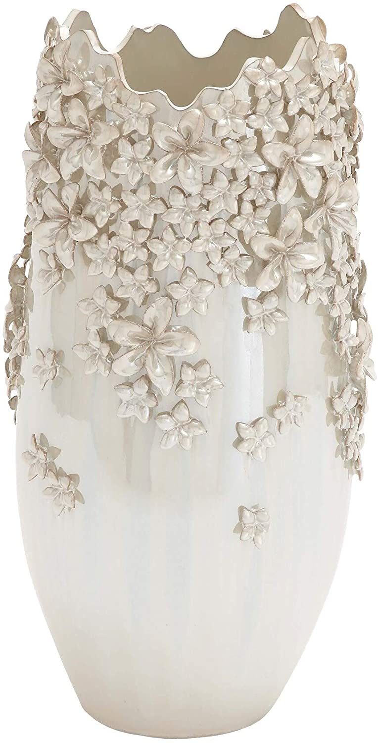 White Ceramic 19 inch High X 10 inch Wide 3D Applique Vase - Diamond Home USA