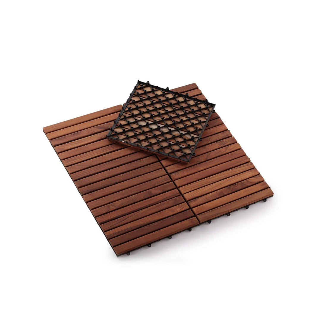 Set 10 Zen Patio Decking Tiles Teak Flooring Outdoor Interlocking Slat Squares Weatherproof Hardwood Backyard Walkway Balcony Brown Wooden 12x12