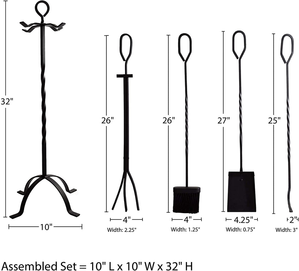 Fireplace Tool Set Stand Black 10" X 32" Wrought Iron - Diamond Home USA