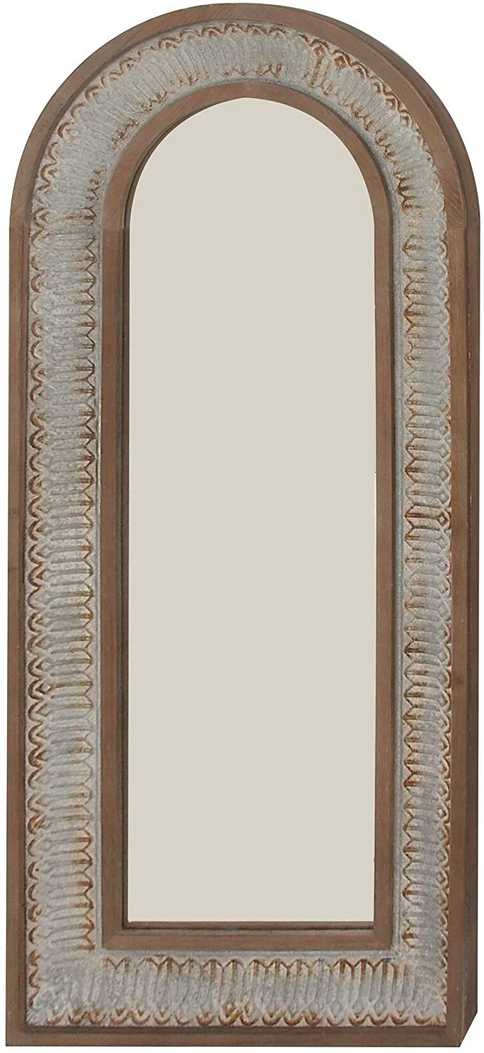 Tall Arched Natural Wood Distressed Metal Patterned Framed Wall Mirror 26" X 58" 26 X 2 59 Gold Farmhouse - Diamond Home USA