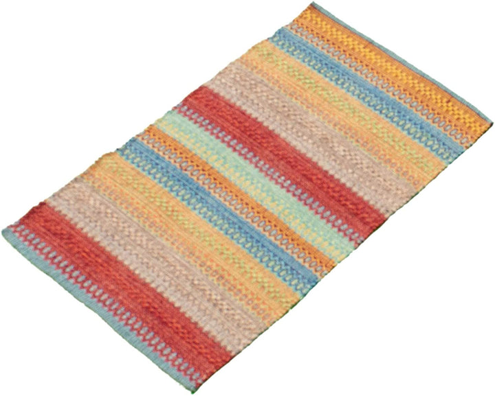 Flat Weave Bold Colorful Khaki Red Wool 2'0 X 3'0 Ivory Stripe Patterned Southwestern Transitional Rectangle Cotton Latex Free Handmade Made - Diamond Home USA