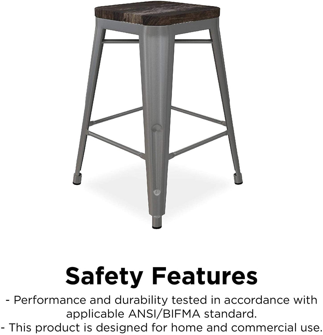 24 inch Metal Counter Stool Wood Seat (Set 2) Grey Farmhouse Silver Finish - Diamond Home USA
