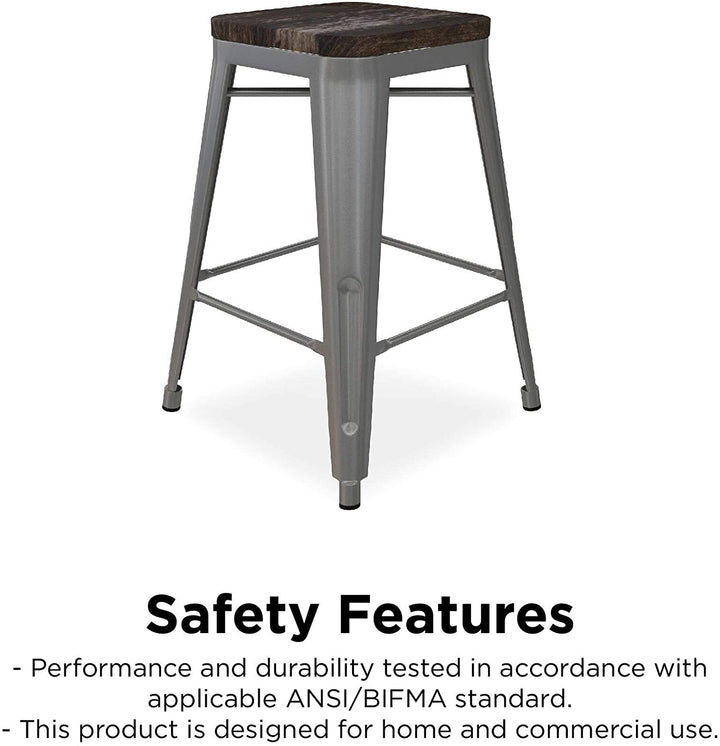 24 inch Metal Counter Stool Wood Seat (Set 2) Grey Farmhouse Silver Finish - Diamond Home USA