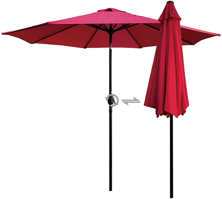 9 Ft Round Patio Umbrella Outdoor Market Table Tilt Crank Lift Garden Lawn Deck Backyard Pool Black Red Nature Nautical Coastal Metal Polyester