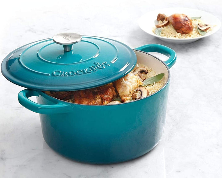 5 Qt Round Dutch Oven Teal Enamel Brushed Ss Hollow Knob Cast Iron Turquoise Stainless Steel - Diamond Home USA
