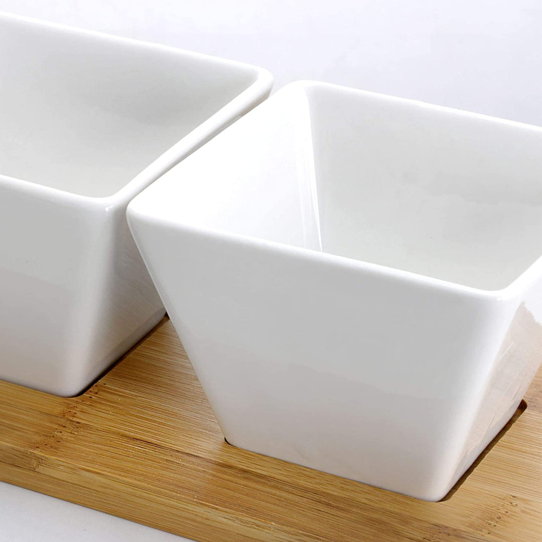 Pantry Basics 5pc Appetizer Condiment Server W/Bamboo Block White Rectangle Stoneware 5 Piece Dishwasher Safe - Diamond Home USA