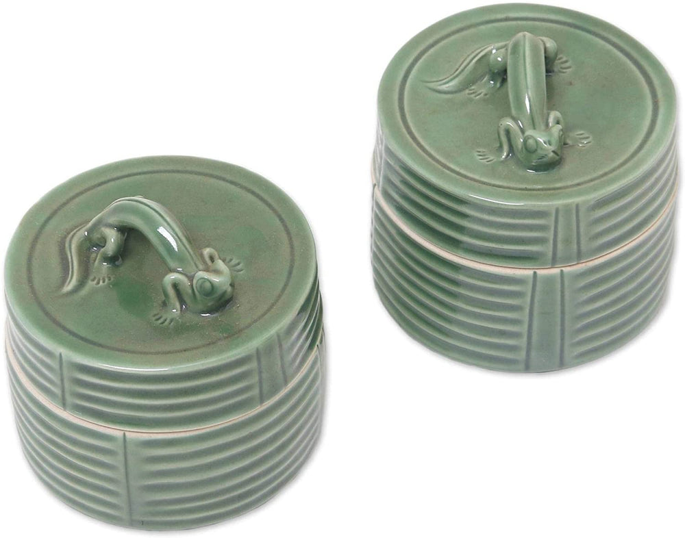 Handmade Dancing Ceramic Condiment Jars (Pair) Green 2 Piece - Diamond Home USA