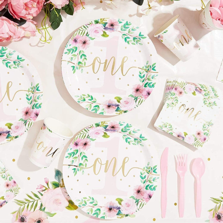 3 Rectangle Plastic Tablecloths Floral Girl Baby One 1st Birthday Party Color Synthetic Fiber - Diamond Home USA
