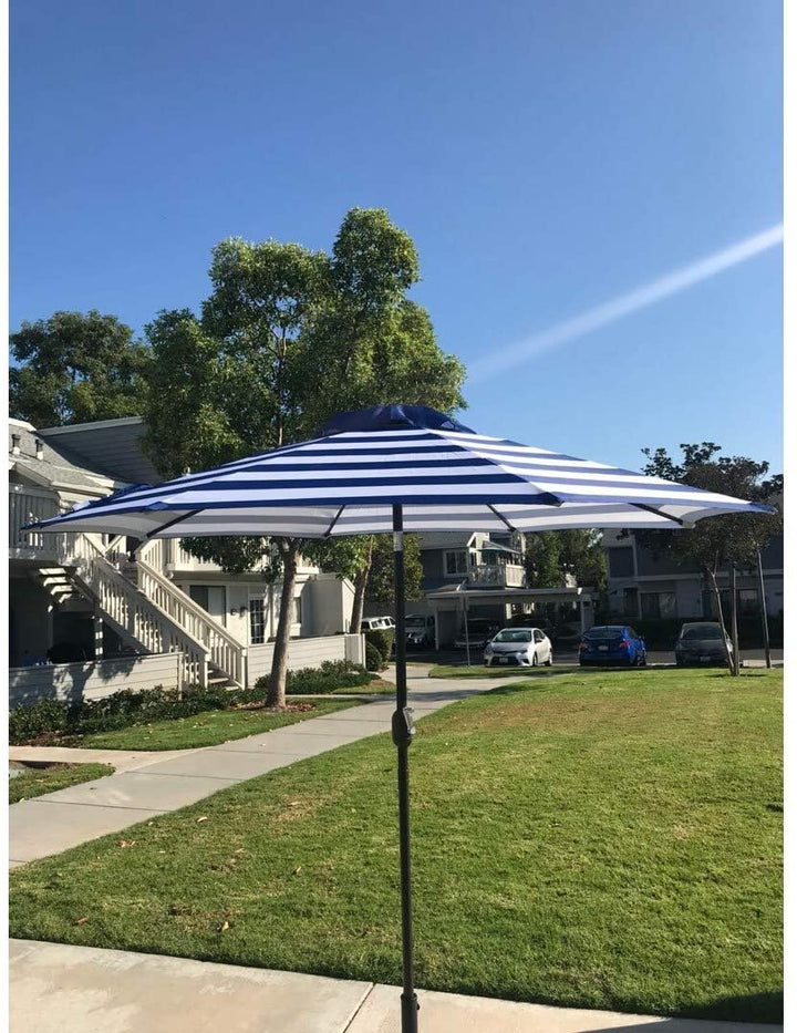 9 Feet Blue/White Strip Patio Umbrella Tilt Crank Blue White