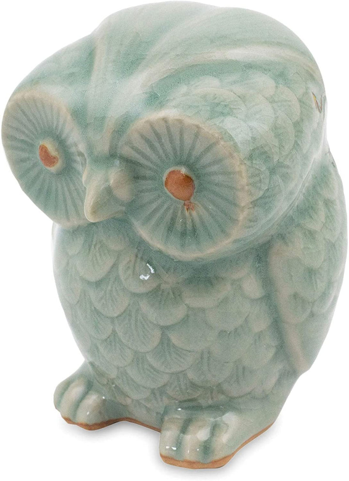 Handcrafted Celadon Ceramic 'Little Blue Owl' Figurine