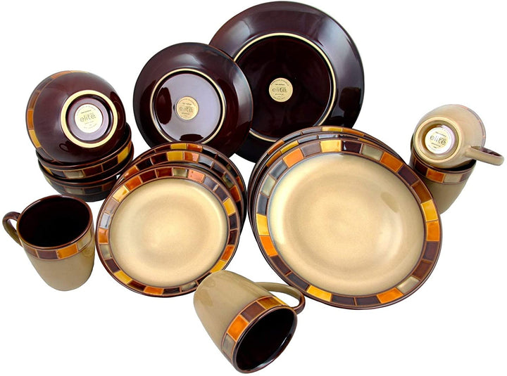 16 Piece Dinnerware Set Beige Banded Casual Round Stoneware Microwave Safe - Diamond Home USA