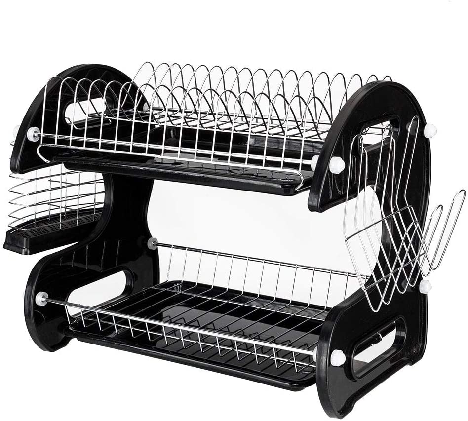 Multifunctional Dish Drainer Dual Layers Bowls Dishes Chopsticks Spoons Shelf Black Metal Plastic Finish