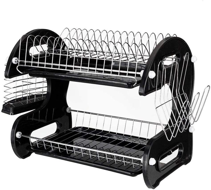 Multifunctional Dish Drainer Dual Layers Bowls Dishes Chopsticks Spoons Shelf Black Metal Plastic Finish