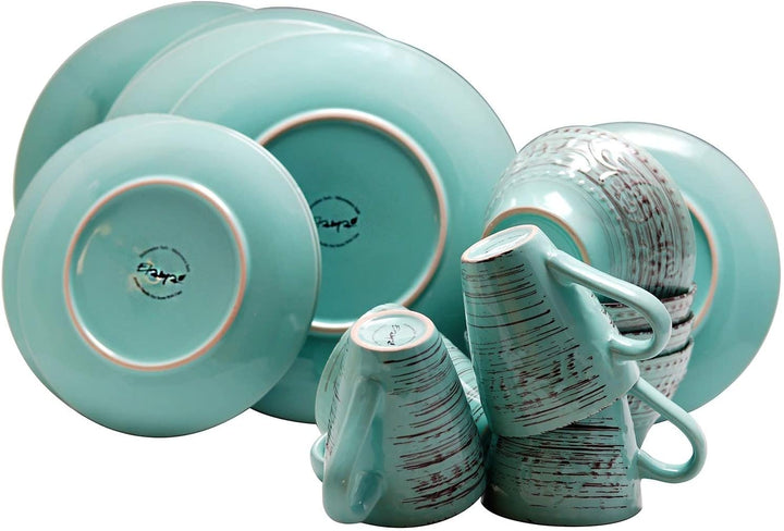 Ocean Waves 16 Piece Dinnerware Set Turquoise Blue Textured Casual Round Stoneware 16 Piece Microwave Safe - Diamond Home USA