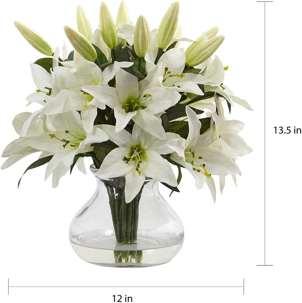 White Faux Lily Arrangement Clear Glass Vase