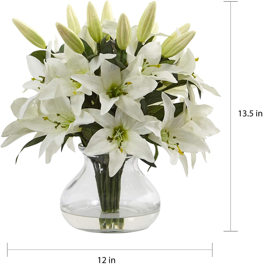 White Faux Lily Arrangement Clear Glass Vase