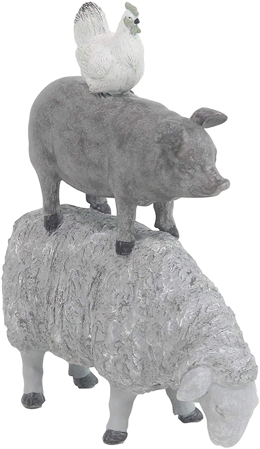 Jartop Rustic Polystone Stacked Sheep Pig Hen Sculpture Grey Animals Resin Brass Finish - Diamond Home USA