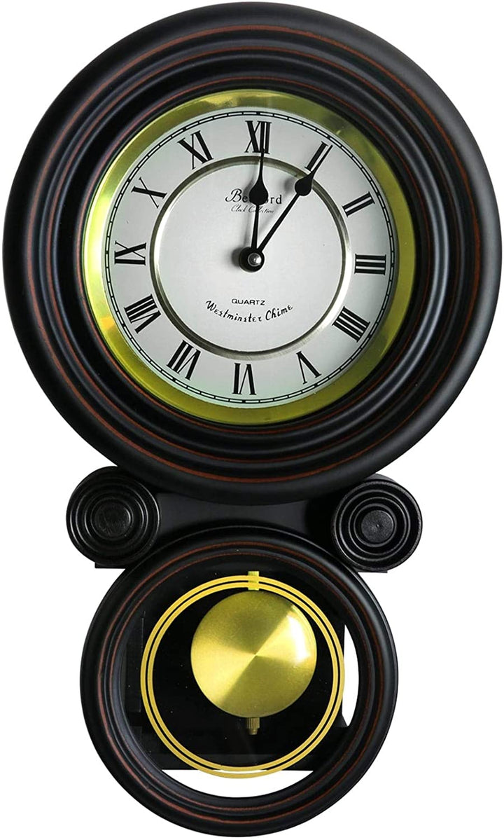 Decorative Round Wall Clock Pendulum Black Wood Oak Finish - Diamond Home USA