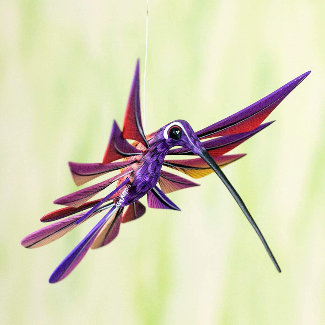 Handmade Copal Wood 'Purple Hummingbird' Alebrije