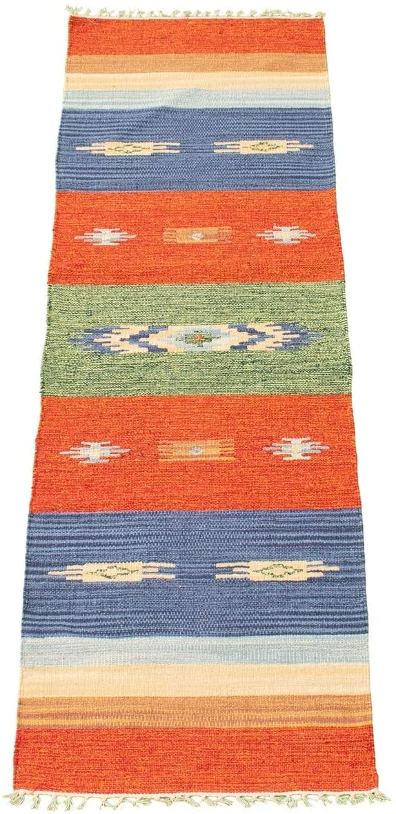 Flat Weave Bold Colorful Blue Red Wool 2'0 X 6'8 Stripe Patterned Southwestern Transitional Rectangle Cotton Latex Free Handmade Made Order - Diamond Home USA