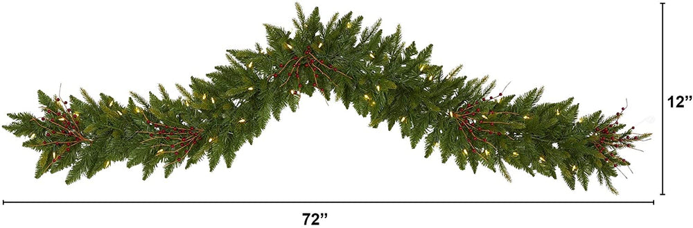6' Christmas Pine Garland 50 Warm White Led Lights Berries - Diamond Home USA