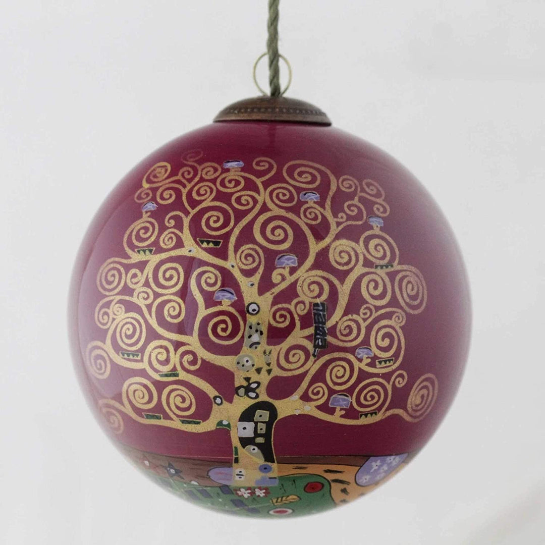Tree Life (Burgundy) Hand Painted Glass Ornament Gold