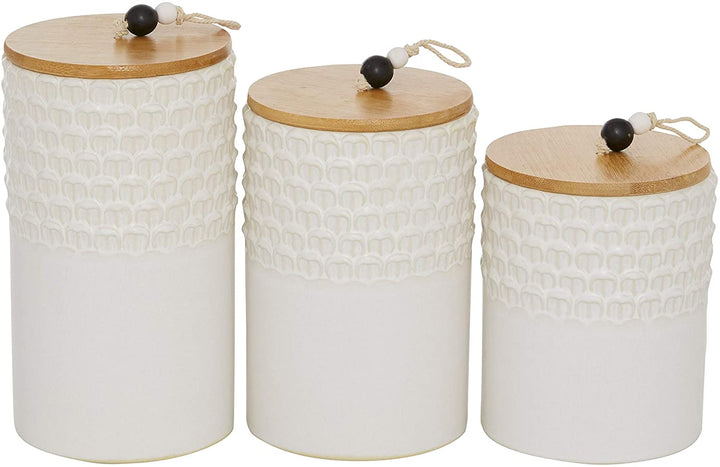 White Textured Stoneware Canister Wood Lid Beaded Handle Set