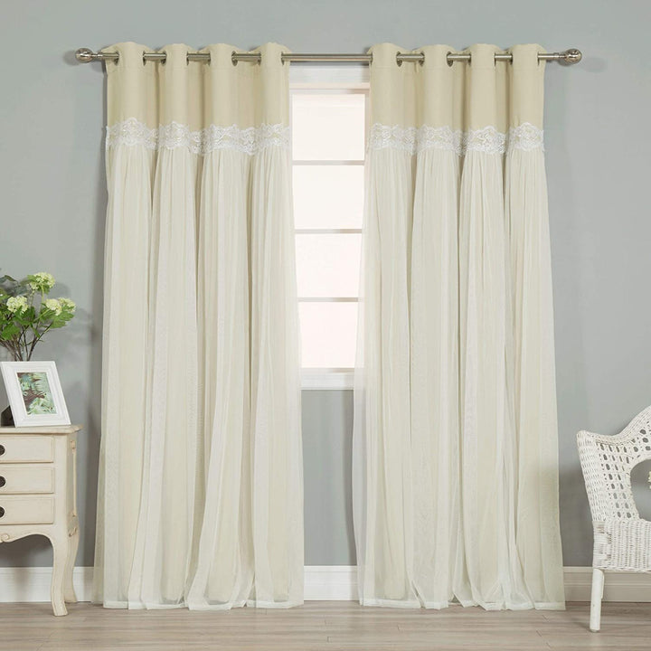 Lace Overlay Blackout Grommet Curtain Pair Beige Floral