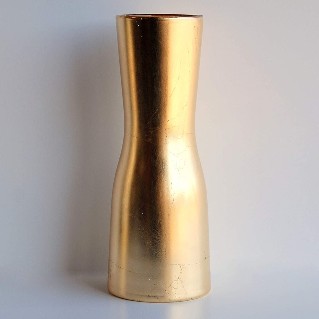 Gold Gilded Hourglass Vase Mid Century Modern Art Glass Distressed Handcrafted
