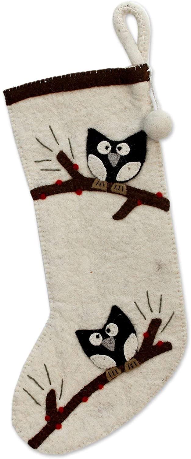 Handmade Owls Wool Felt Holiday Stocking (India) Beige Black - Diamond Home USA