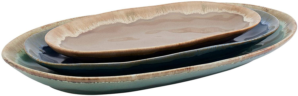 Tabletops Gallery Assorted Tuscon Serving Platters Set 3 Color Solid Farmhouse Oval Stoneware Piece Microwave Safe - Diamond Home USA