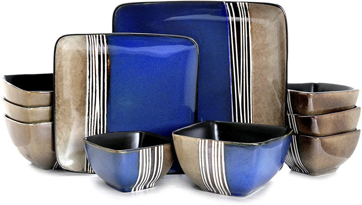 Lounge 16 Piece uared Dinnerware Set Blue Stripe Casual