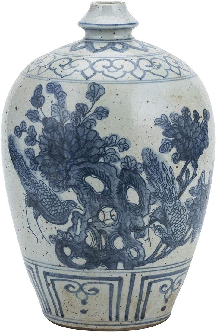 Blue White Garlic Head Vase Flower Bird Motif