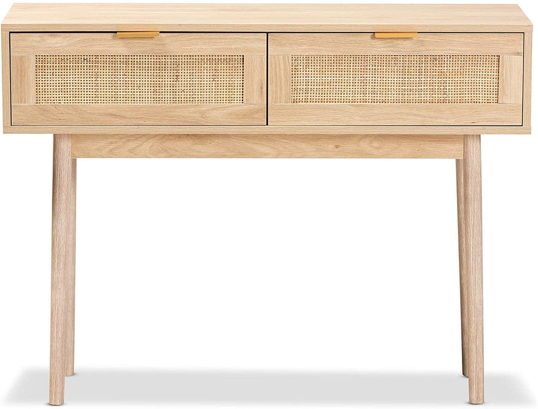 Baird Light Oak Brown Finished Wood Rattan 2 Drawer Console Table Mid Century Modern Finish Drawers - Diamond Home USA