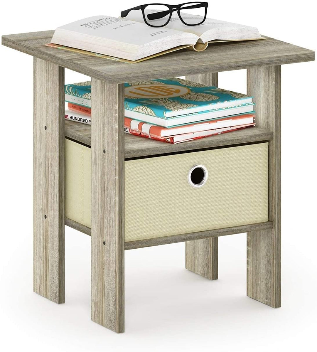 End Table Nightstand Bin Drawer Oak/Ivory Beige Modern Contemporary Square Wood Oak Finish Includes Hardware - Diamond Home USA
