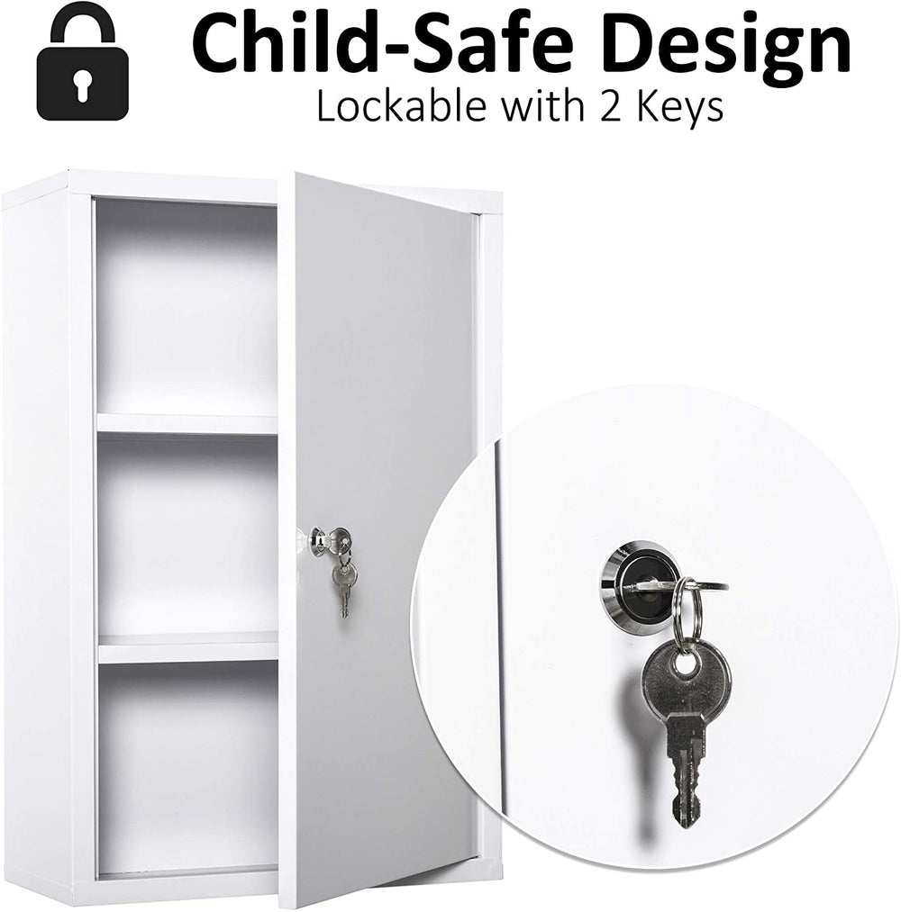 Steel Wall Mount Medicine Cabinet 3 Tier Emergency Box Bathroom Kitchen Lockable 2 Keys White Urban Finish - Diamond Home USA
