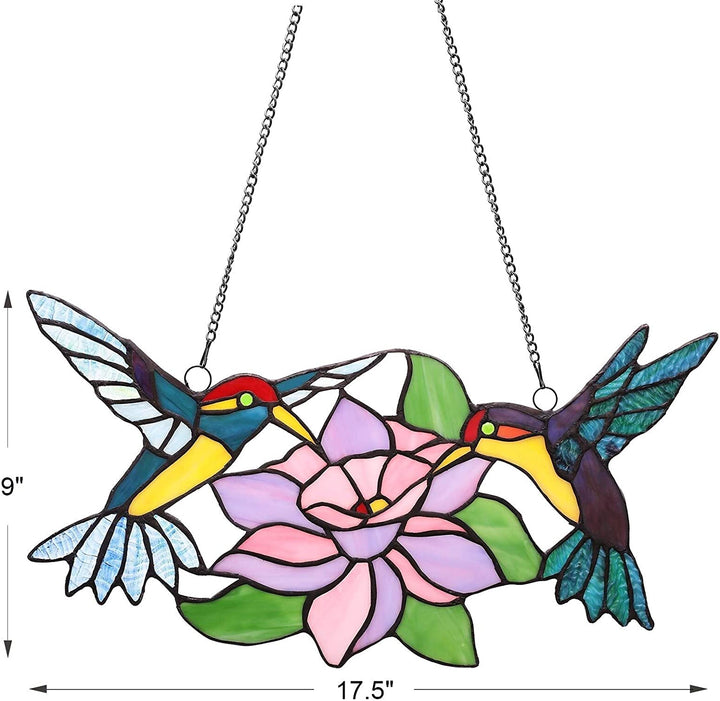 Stained Glass Hummingbirds Blossom Window Panel Blue Green Purple Casual Farmhouse Modern Contemporary Novelty Nature Metal Handmade - Diamond Home USA