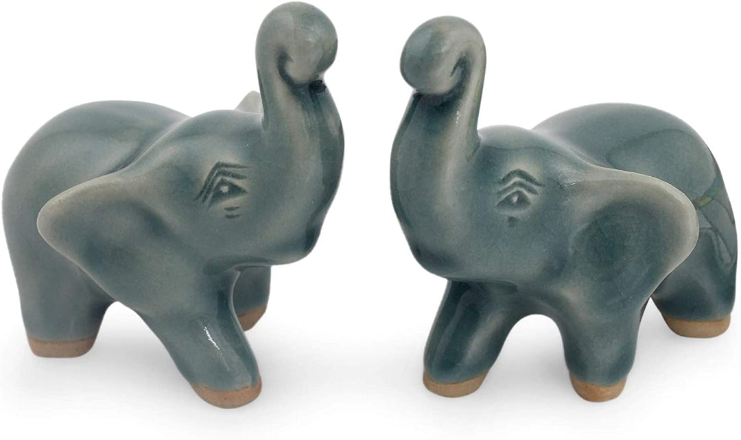 Handmade Set 2 Celadon Ceramic 'Lucky Blue Elephants'