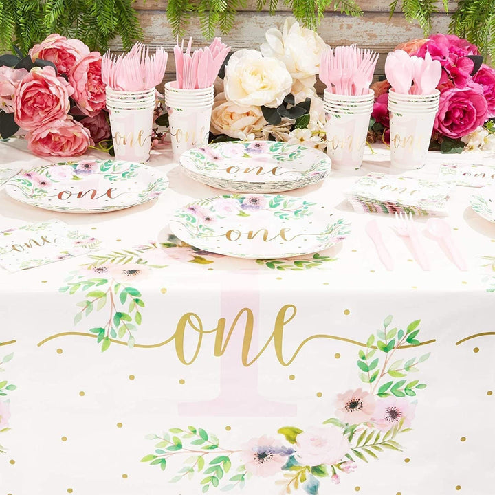3 Rectangle Plastic Tablecloths Floral Girl Baby One 1st Birthday Party Color Synthetic Fiber - Diamond Home USA