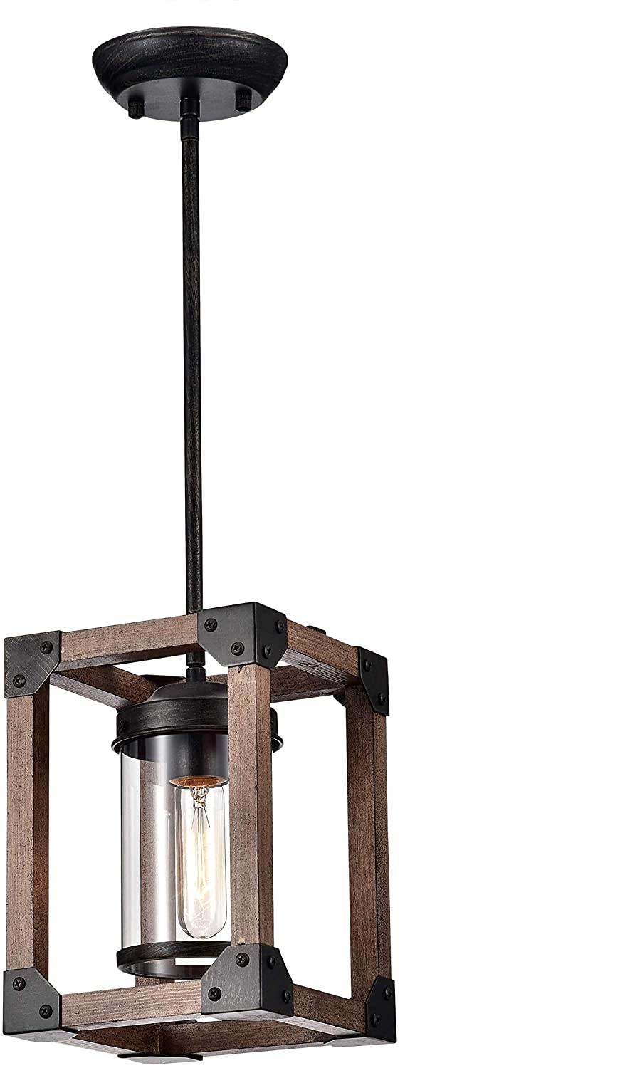 Antique Black Wooden Cage Glass Cylinder Pendant Chandelier N/ Industrial Iron