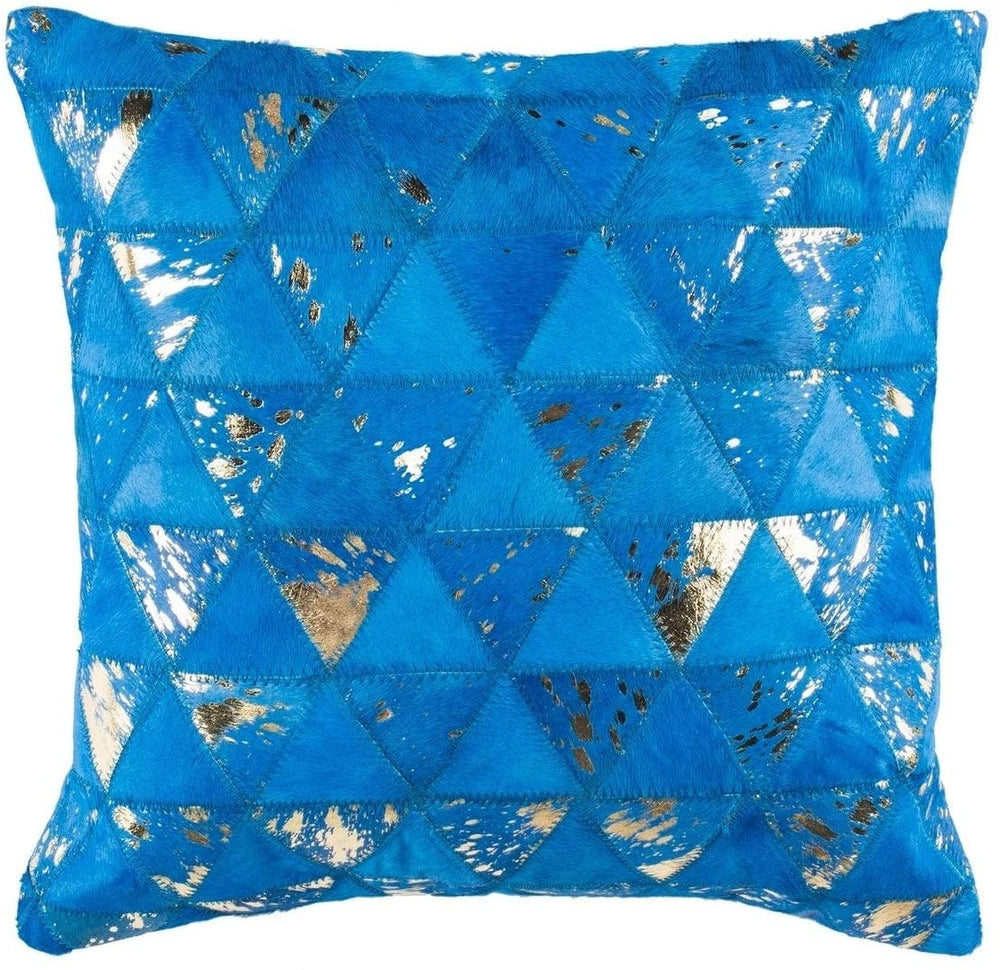 Metallic Blue/Gold Cowhide 20 inch Decorative Pillow Blue Textured Casual Farmhouse Modern Contemporary Suede Single Removable Cover