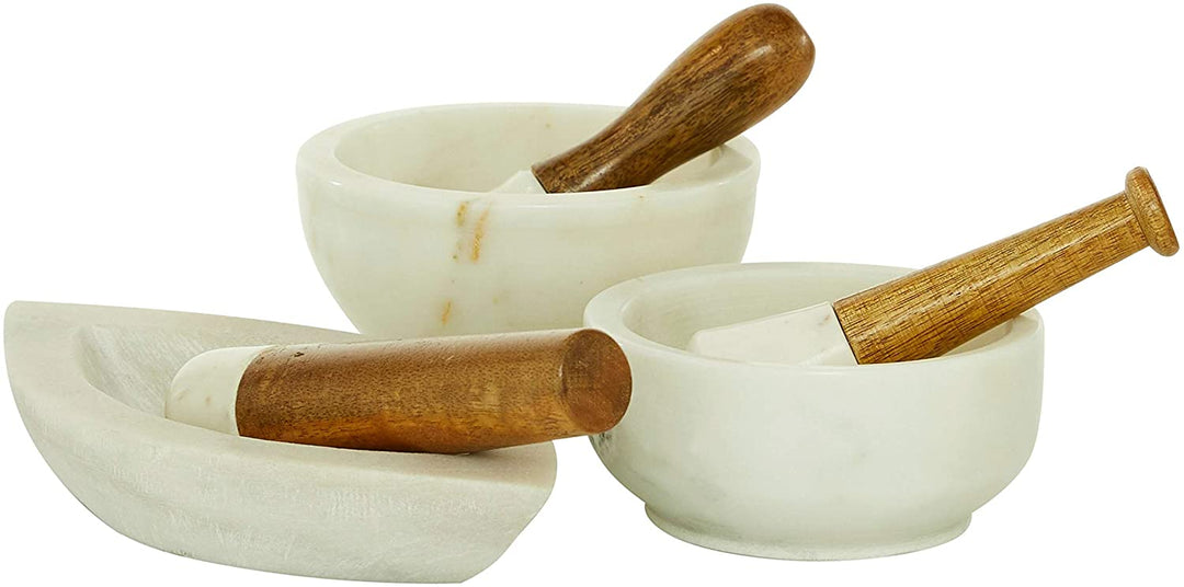 3 Pcs Marble Mortar Pestle Set Wooden Handle White 6 X 7 5 Color Stoneware - Diamond Home USA