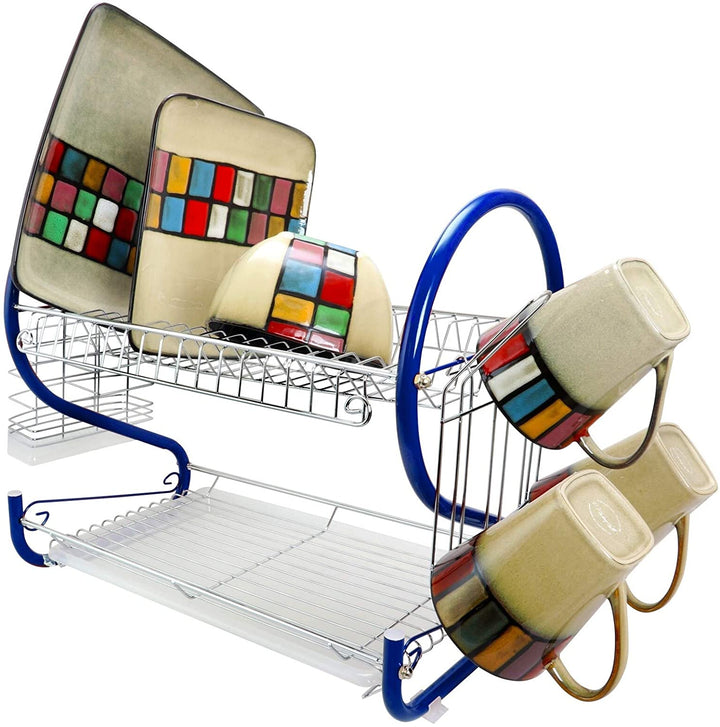 22 inch 2 Tier Chrome Plated Dishrack Blue Metal Finish - Diamond Home USA
