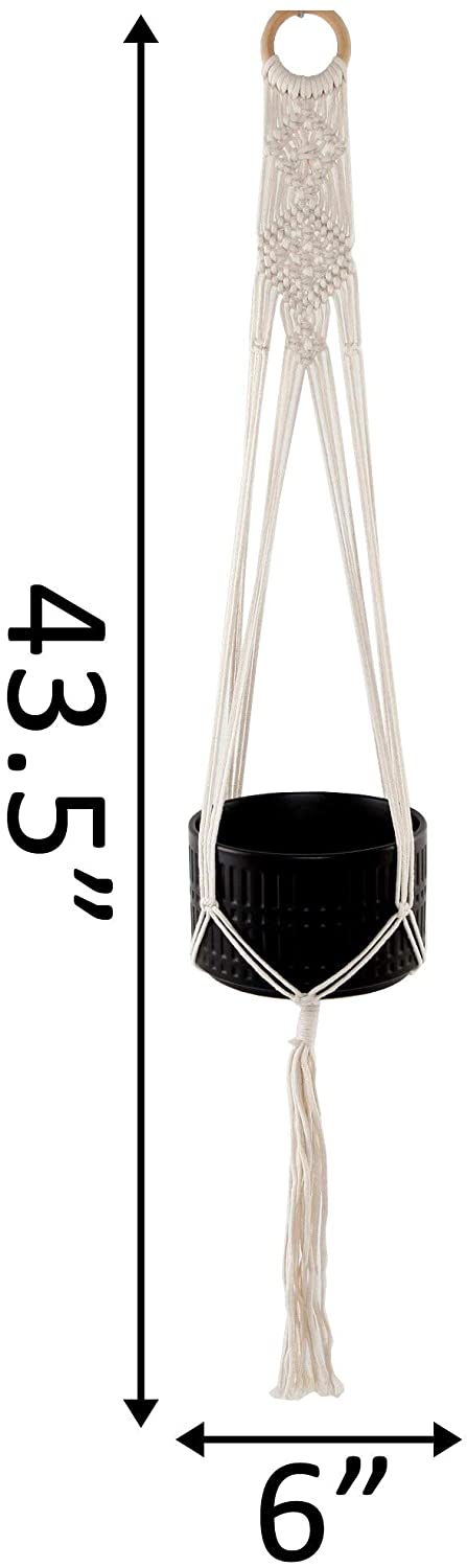 43" H Hanging Macrame Planter Hanger White Mid Century Modern Round Ceramic Handmade - Diamond Home USA