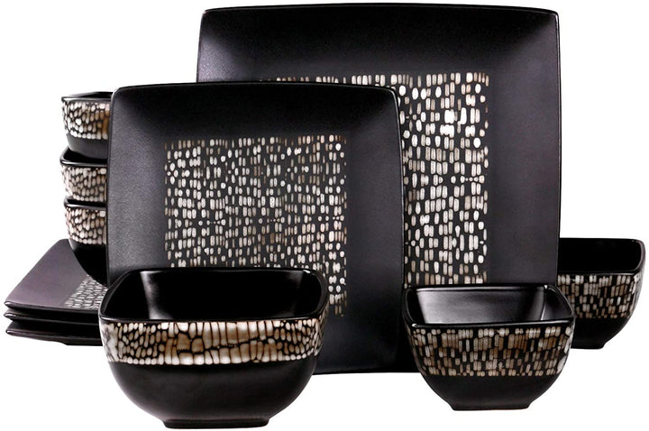 Geo 16 Piece Double Bowl Stoneware Dinnerware Set Brown