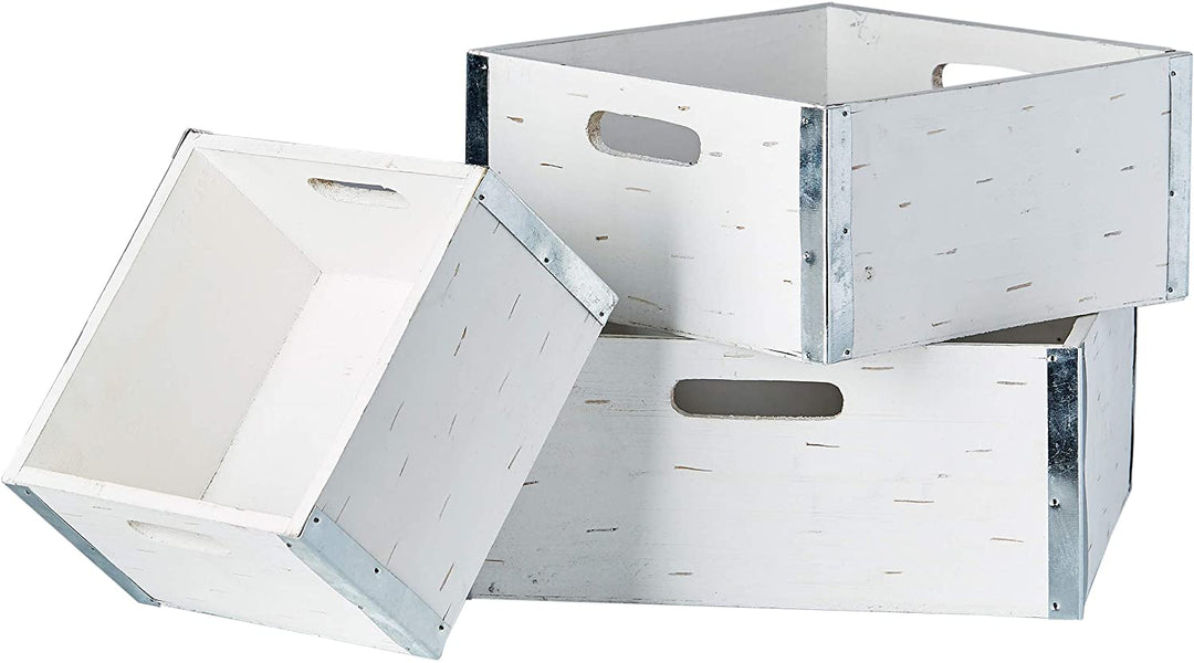 Different Sized Wooden Crate Set 3 White Ivory Off/White Metal Wood